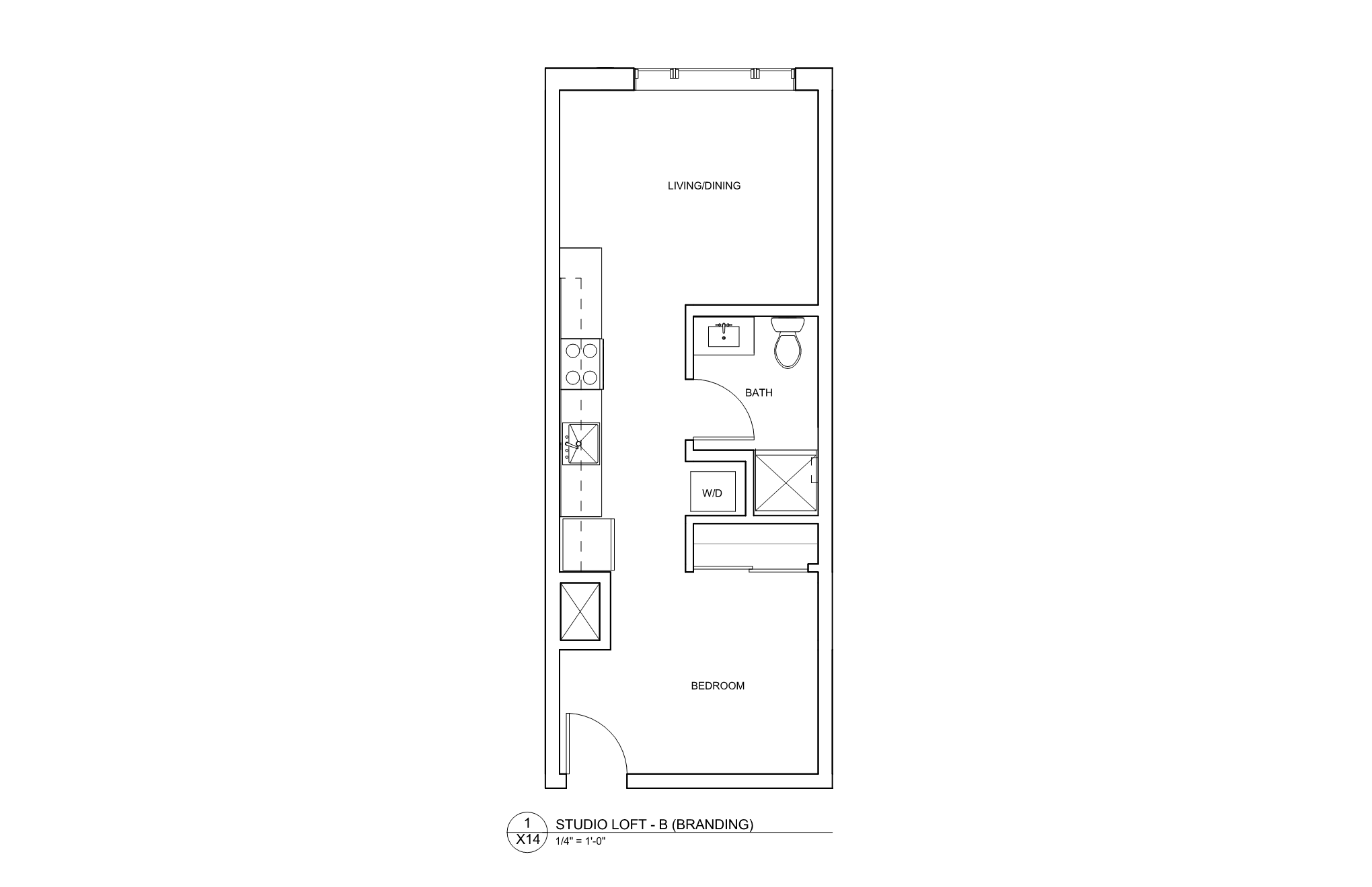 Floor plan for studio, 1 bath, 496 sqft